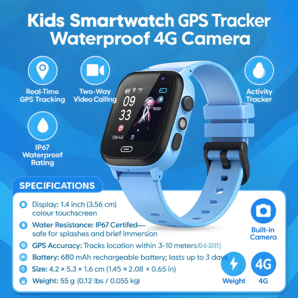 Kids 4G GPS Smartwatch with Camera, IP67 Waterproof Touchscreen Activity Tracker