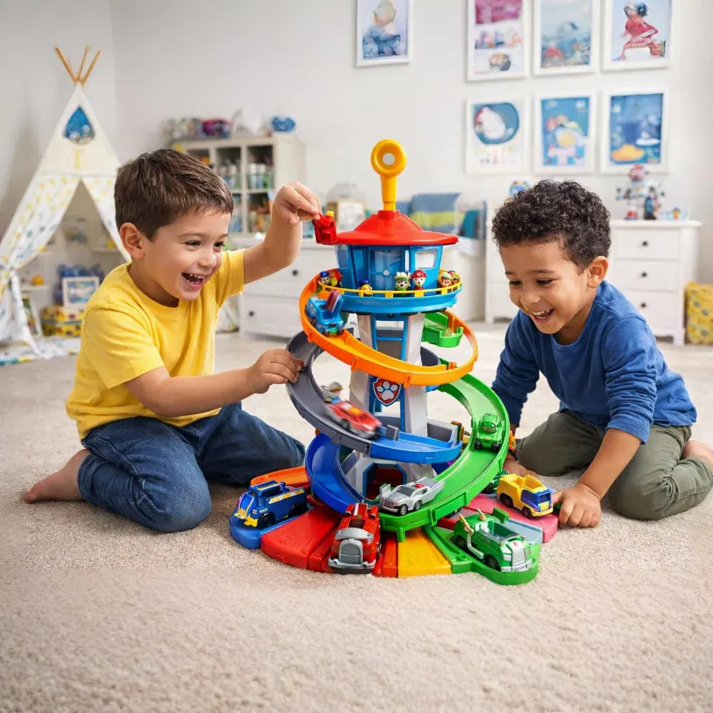 Kids Racing Car Track with Slide Tower Playset