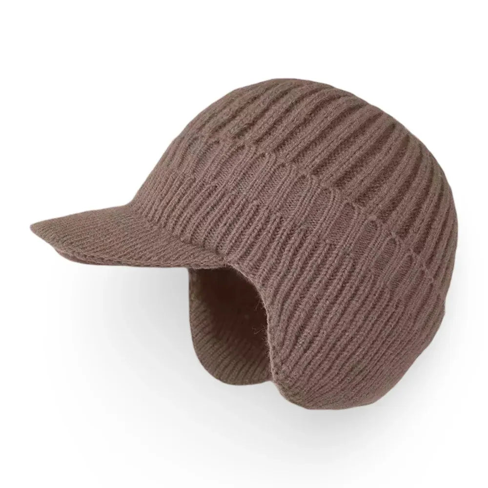 Knit Beanie with Ear Flaps and Visor for Cold Weather