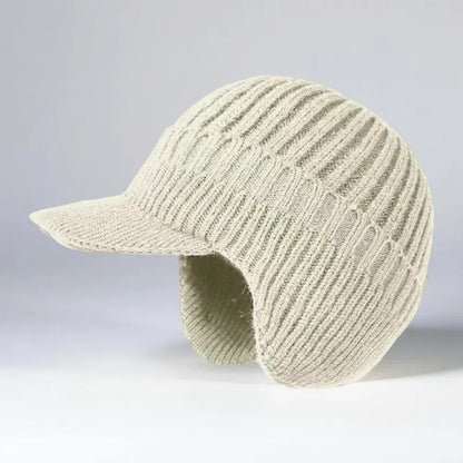 Knit Beanie with Ear Flaps and Visor for Cold Weather