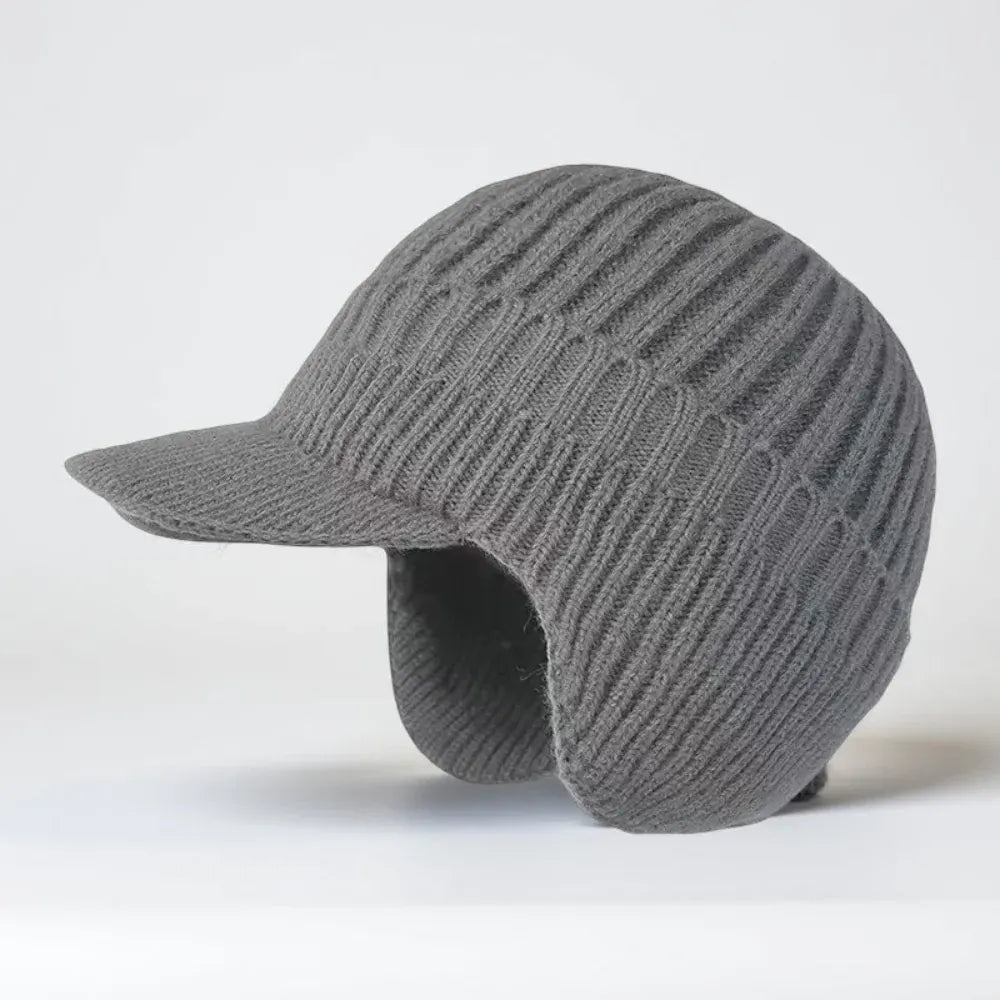 Knit Beanie with Ear Flaps and Visor for Cold Weather