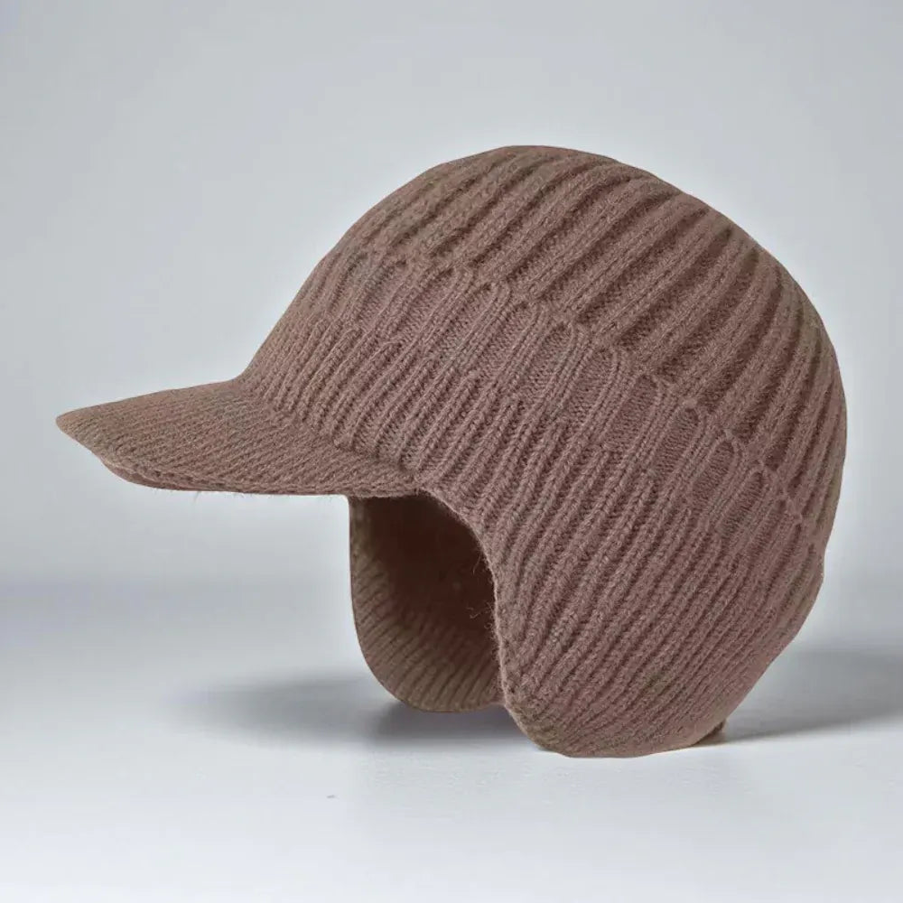 Knit Beanie with Ear Flaps and Visor for Cold Weather