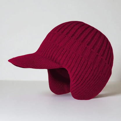 Knit Beanie with Ear Flaps and Visor for Cold Weather