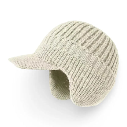 Knit Beanie with Ear Flaps and Visor for Cold Weather