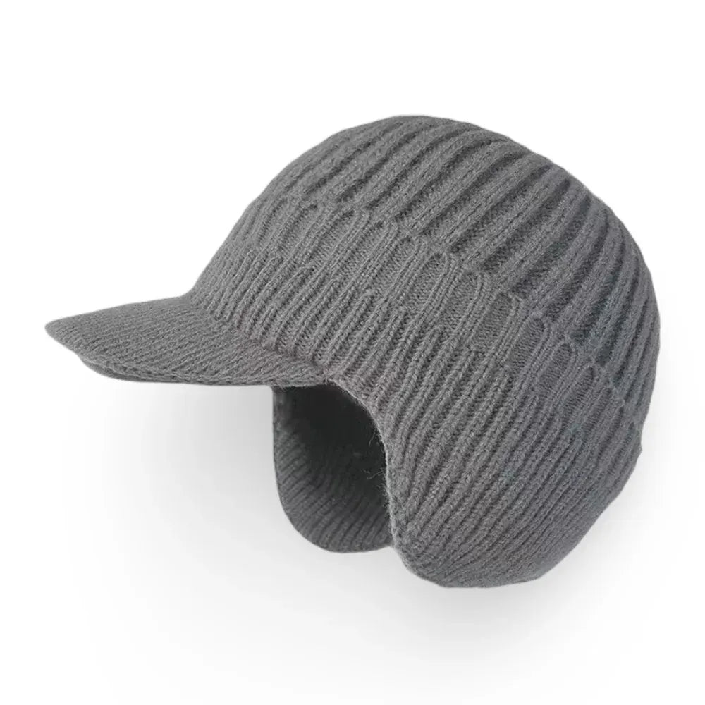 Knit Beanie with Ear Flaps and Visor for Cold Weather