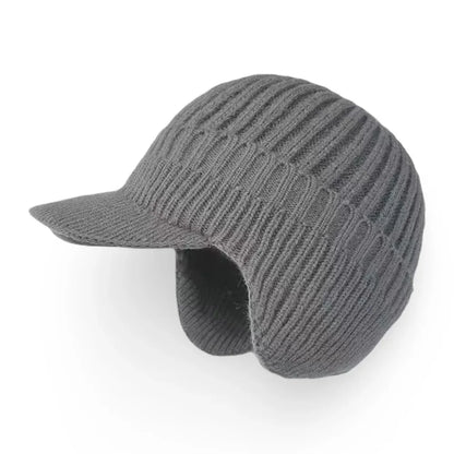 Knit Beanie with Ear Flaps and Visor for Cold Weather