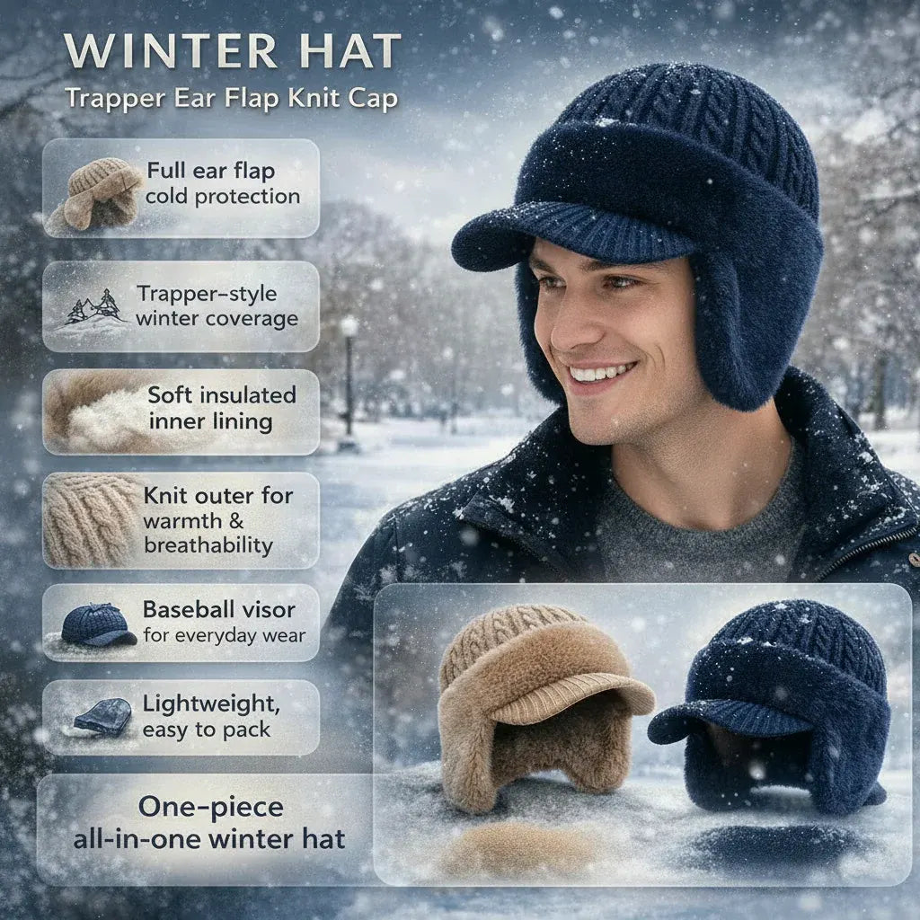 Knit Trapper Cap with Ear Flaps for Cold Weather Wear