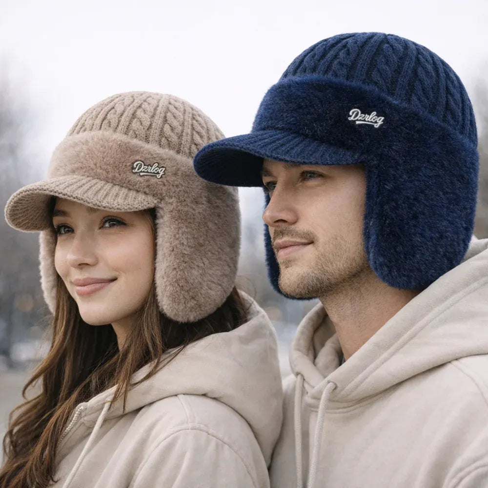 Knit Trapper Hat with Ear Flaps and Visor for Winter