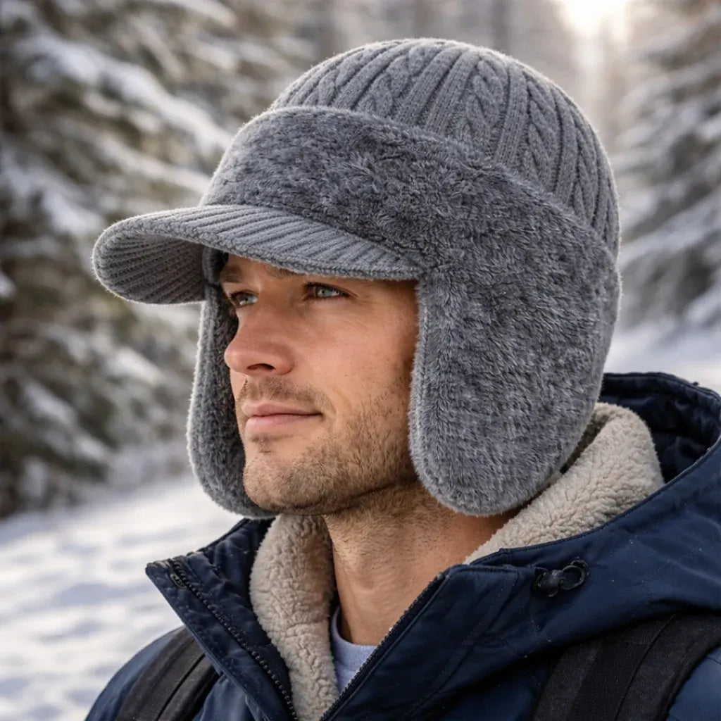 Knit Trapper Hat with Ear Flaps and Visor for Winter
