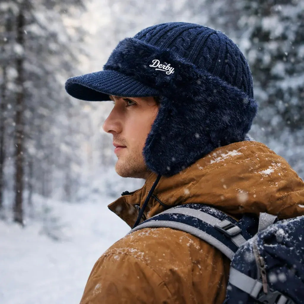 Knit Trapper Hat with Visor and Ear Flaps for Winter