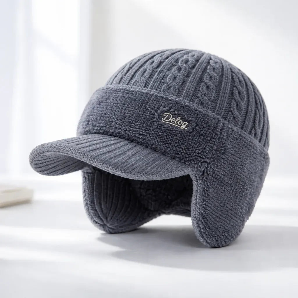 Knit Trapper Hat with Visor and Ear Flaps for Winter