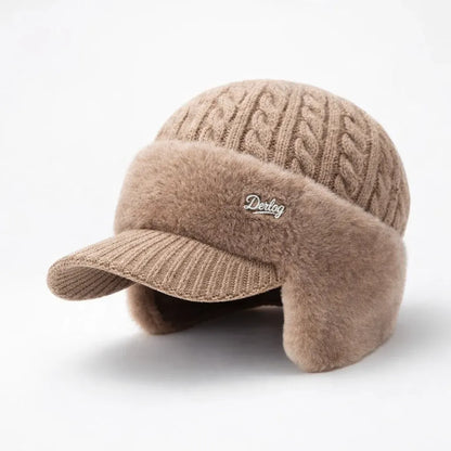 Knit Trapper Hat with Visor and Ear Flaps for Winter