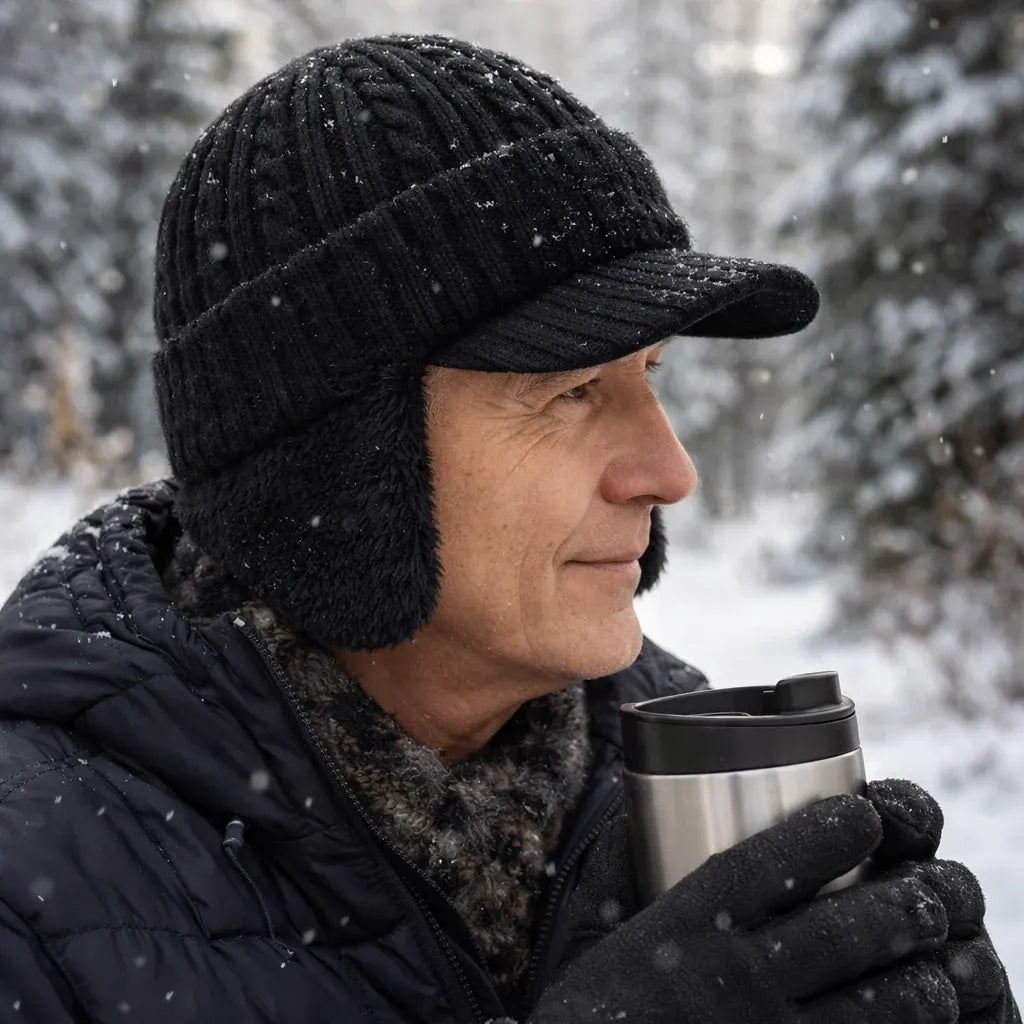 Knit Trapper Hat with Visor and Ear Flaps for Winter