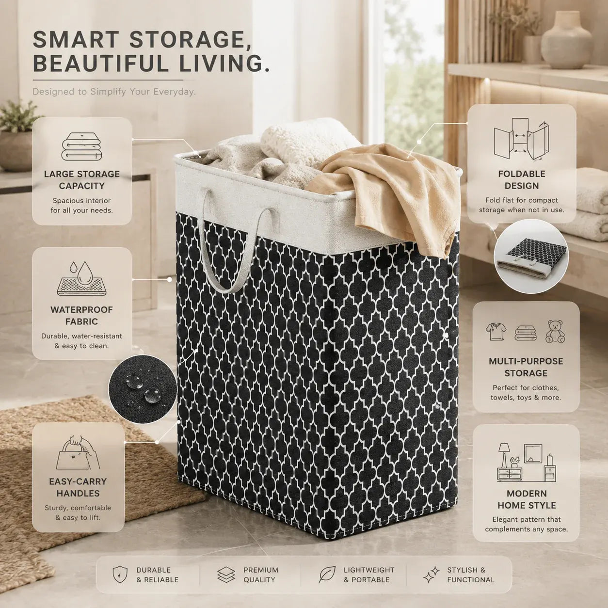 Lauva 75L Waterproof Foldable Laundry Hamper with Carry Handles