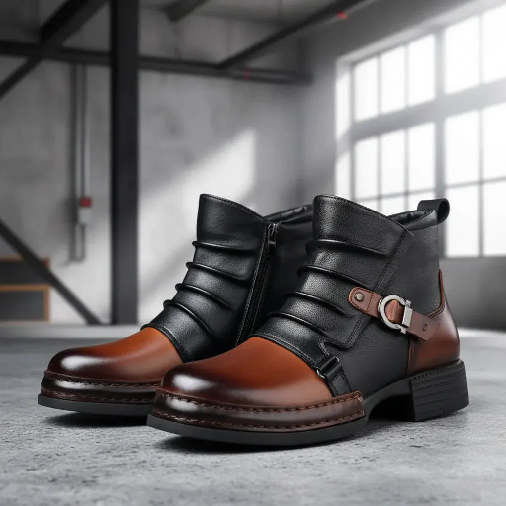 Leather Ankle Boots for Men with Buckle Strap and Side Zipper, Casual Dress Shoes