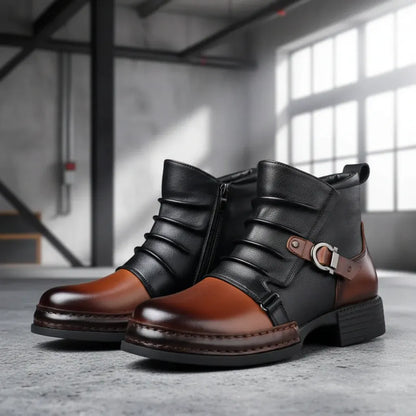 Leather Ankle Boots for Men with Buckle Strap and Side Zipper, Casual Dress Shoes