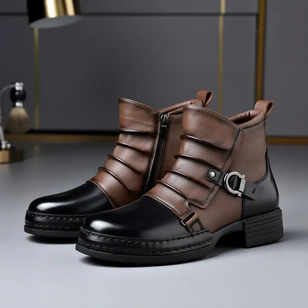 Leather Ankle Boots for Men with Buckle Strap and Side Zipper, Casual Dress Shoes