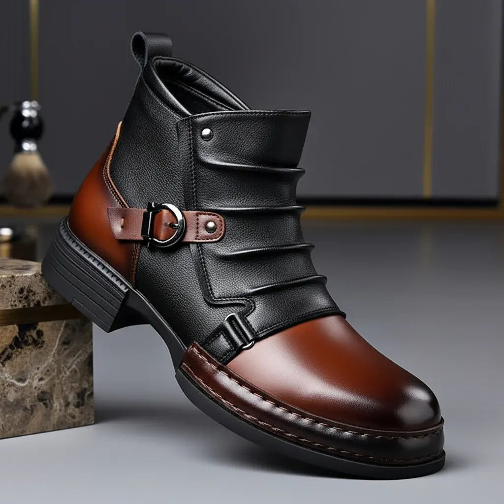Leather Ankle Boots for Men with Buckle Strap and Side Zipper, Casual Dress Shoes