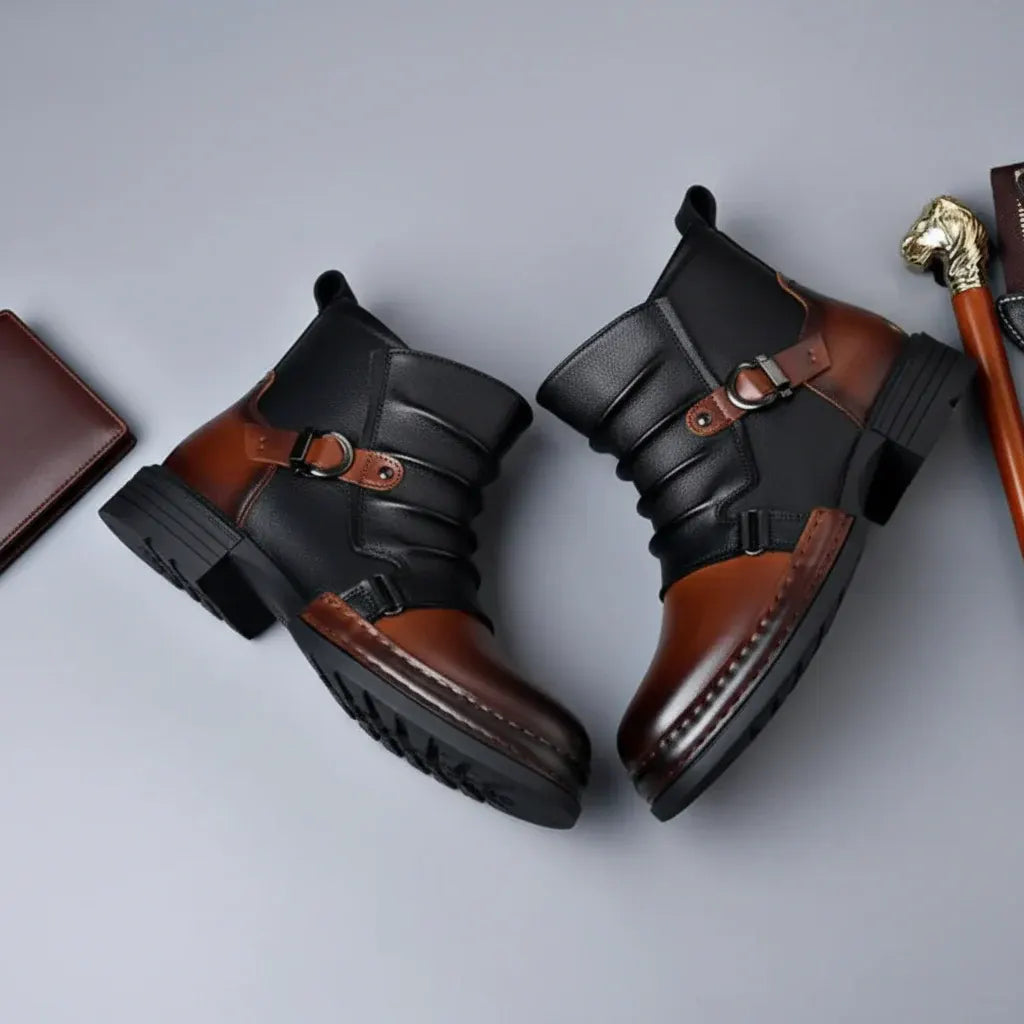 Leather Ankle Boots for Men with Buckle Strap and Side Zipper, Casual Dress Shoes