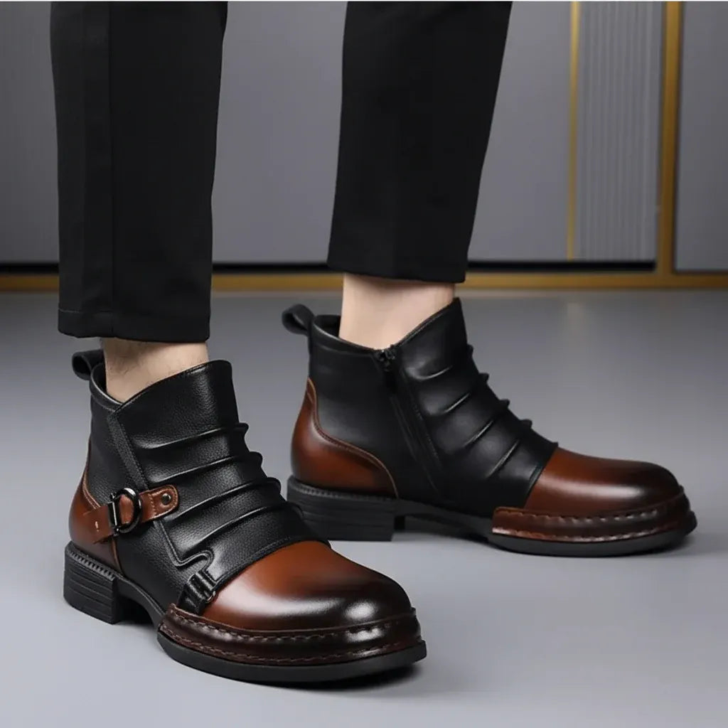 Leather Ankle Boots for Men with Buckle Strap and Side Zipper, Casual Dress Shoes