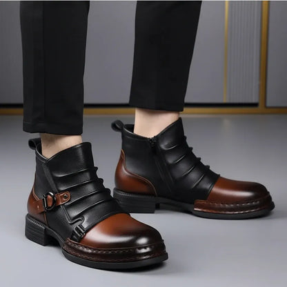 Leather Ankle Boots for Men with Buckle Strap and Side Zipper, Casual Dress Shoes