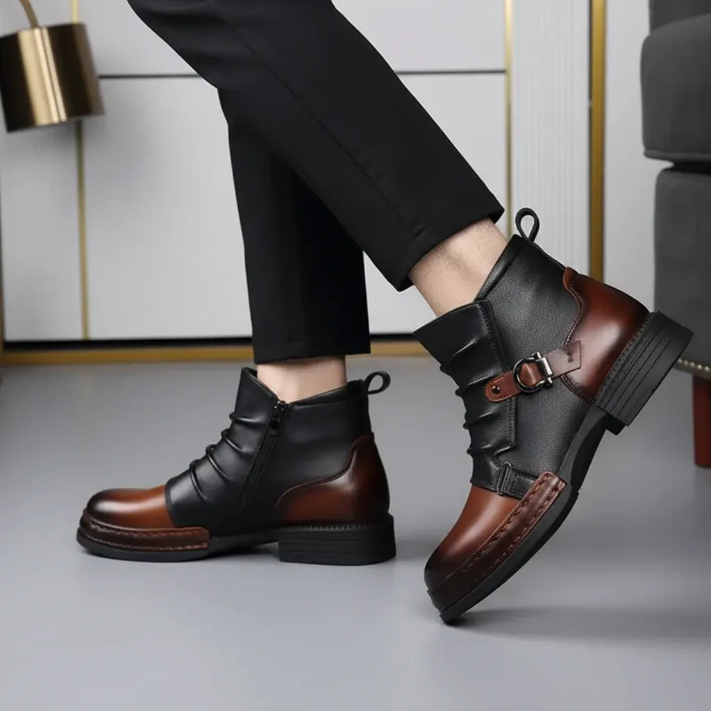 Leather Ankle Boots for Men with Buckle Strap and Side Zipper, Casual Dress Shoes