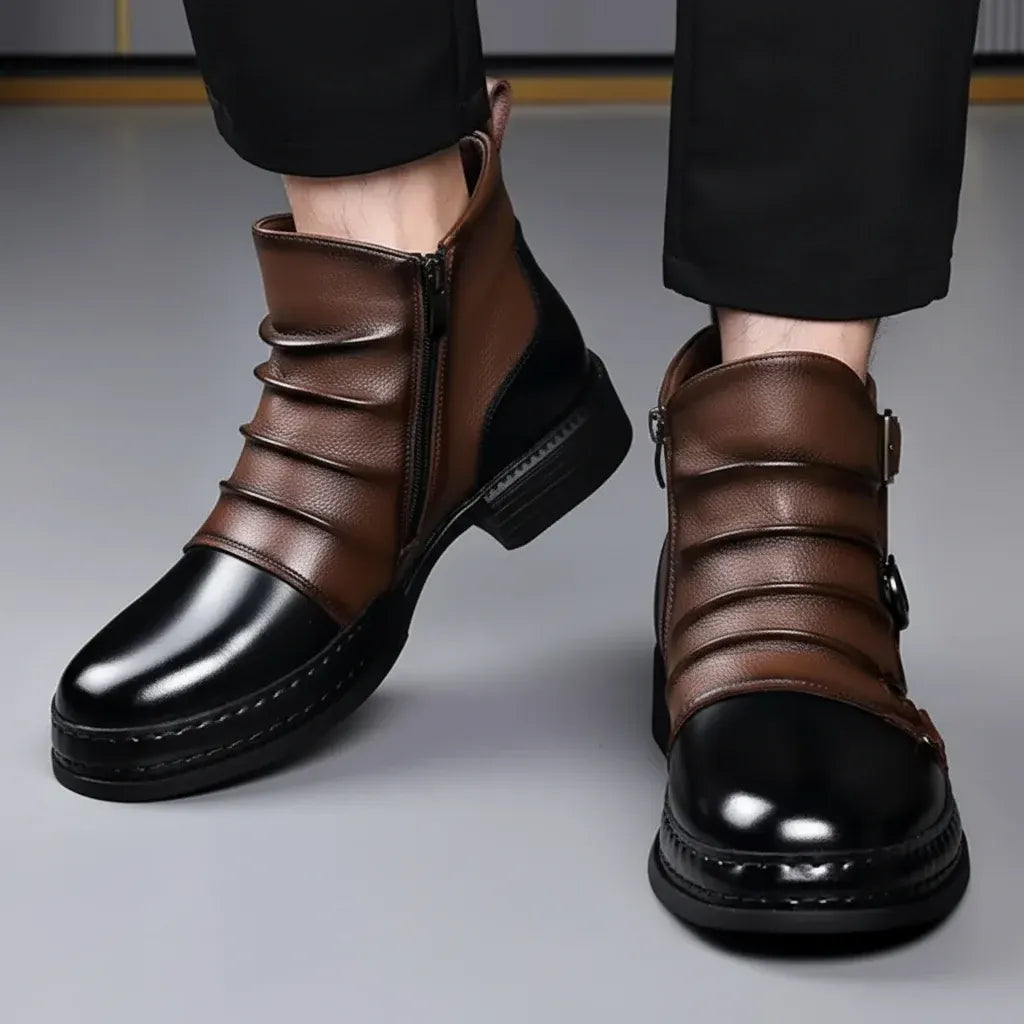 Leather Ankle Boots for Men with Buckle Strap and Side Zipper, Casual Dress Shoes