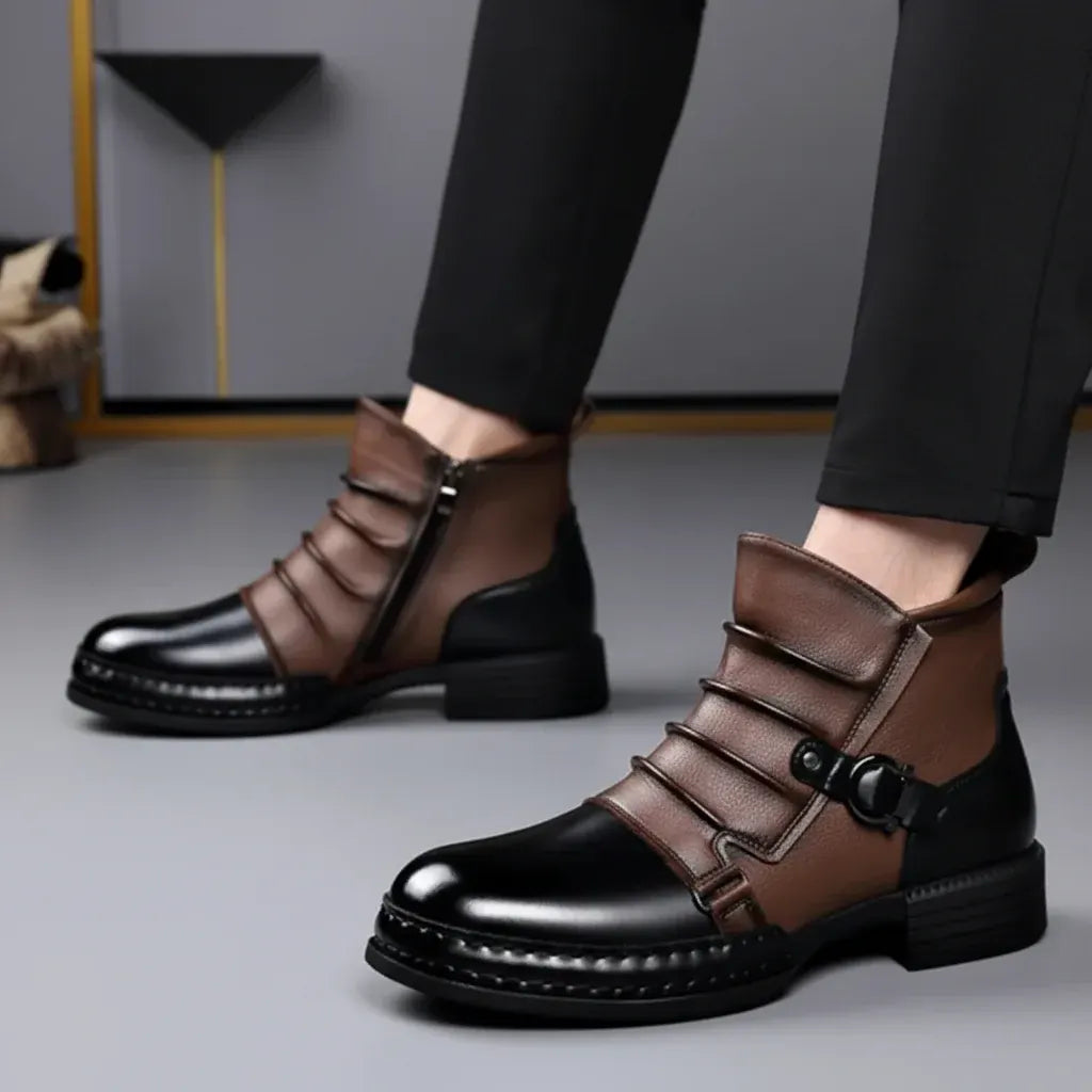 Leather Ankle Boots for Men with Buckle Strap and Side Zipper, Casual Dress Shoes