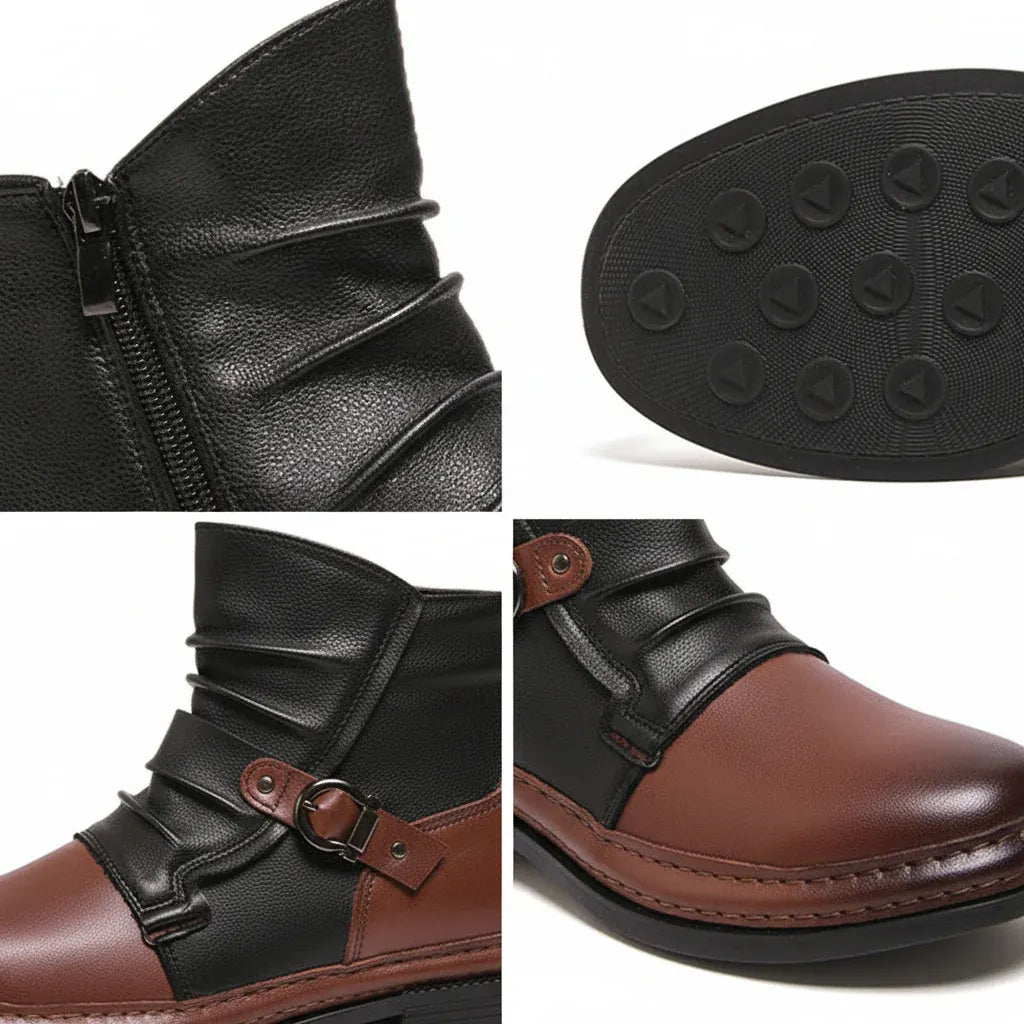 Leather Ankle Boots for Men with Buckle Strap and Side Zipper, Casual Dress Shoes