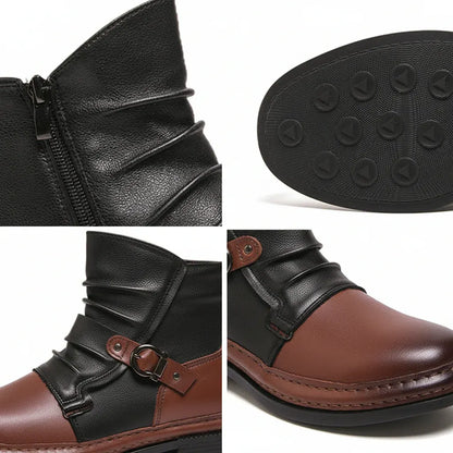 Leather Ankle Boots for Men with Buckle Strap and Side Zipper, Casual Dress Shoes