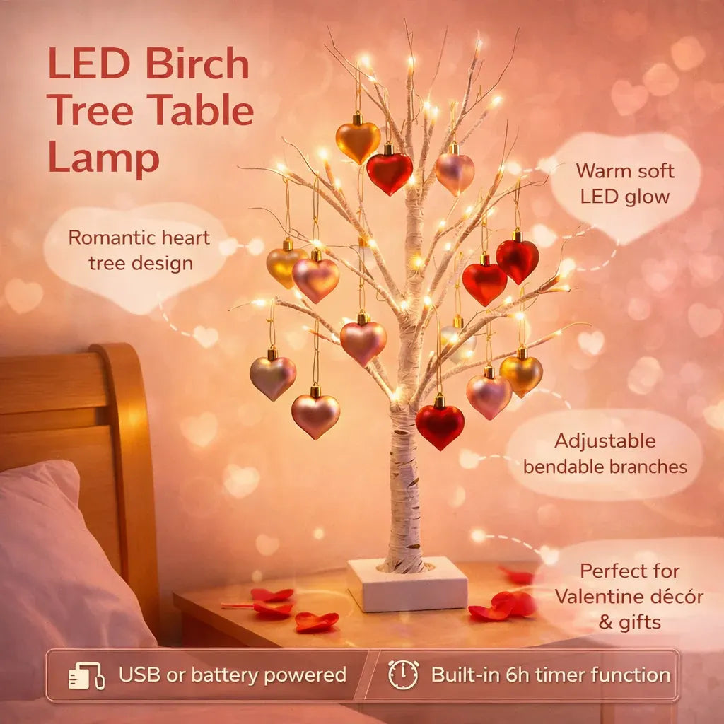 LED Birch Tree Heart Table Lamp - Valentine's Home Decor Light