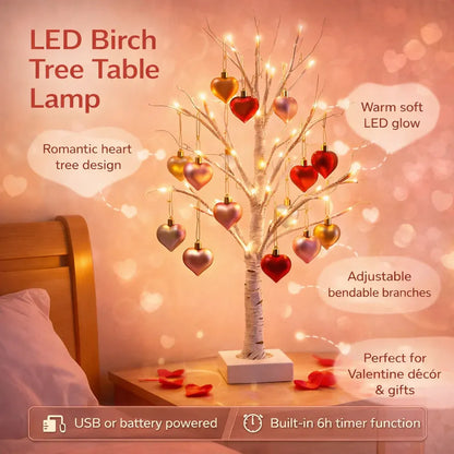 LED Birch Tree Heart Table Lamp - Valentine's Home Decor Light