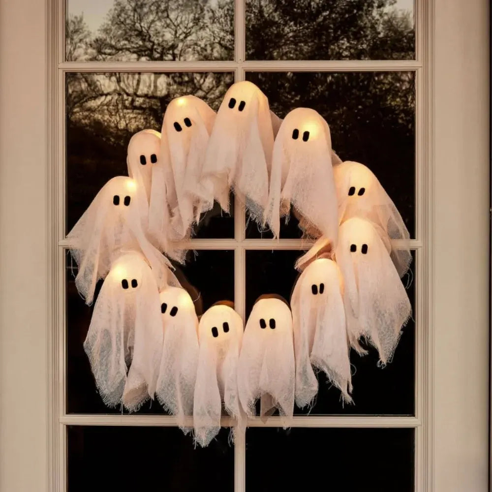LED Lighted Ghost Wreath for Halloween Home Decor