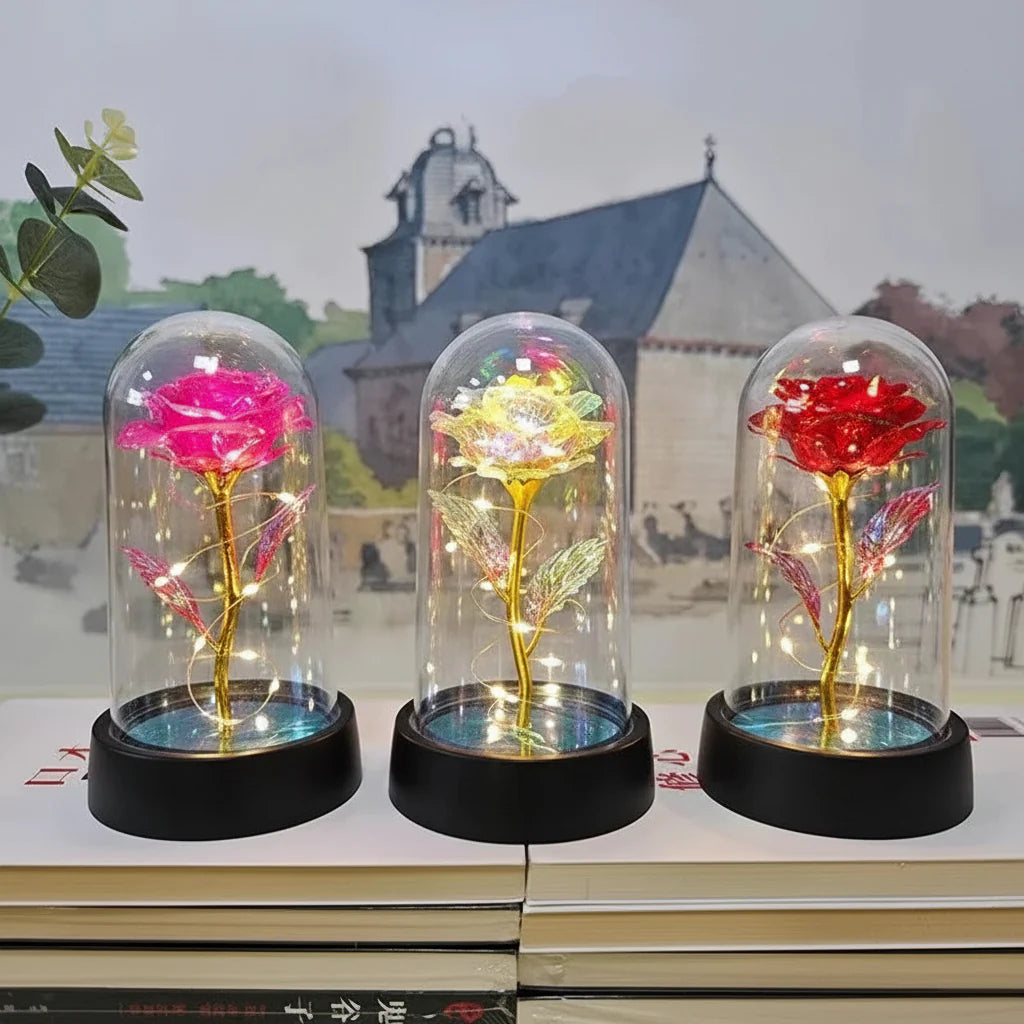 LED Rose Glass Dome Table Lamp - Romantic Decorative Accent Light