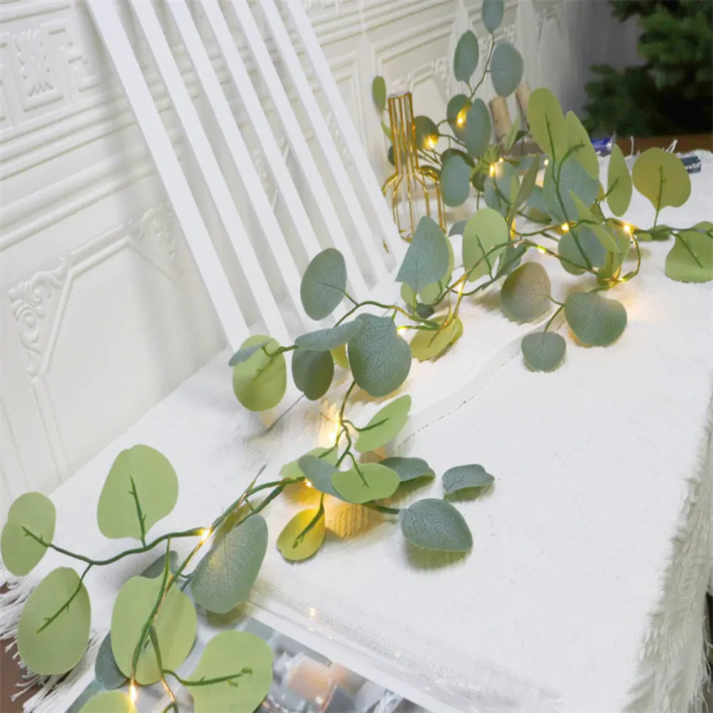 LED String Lights with Eucalyptus Rattan Garland for Mantel Decor Accent