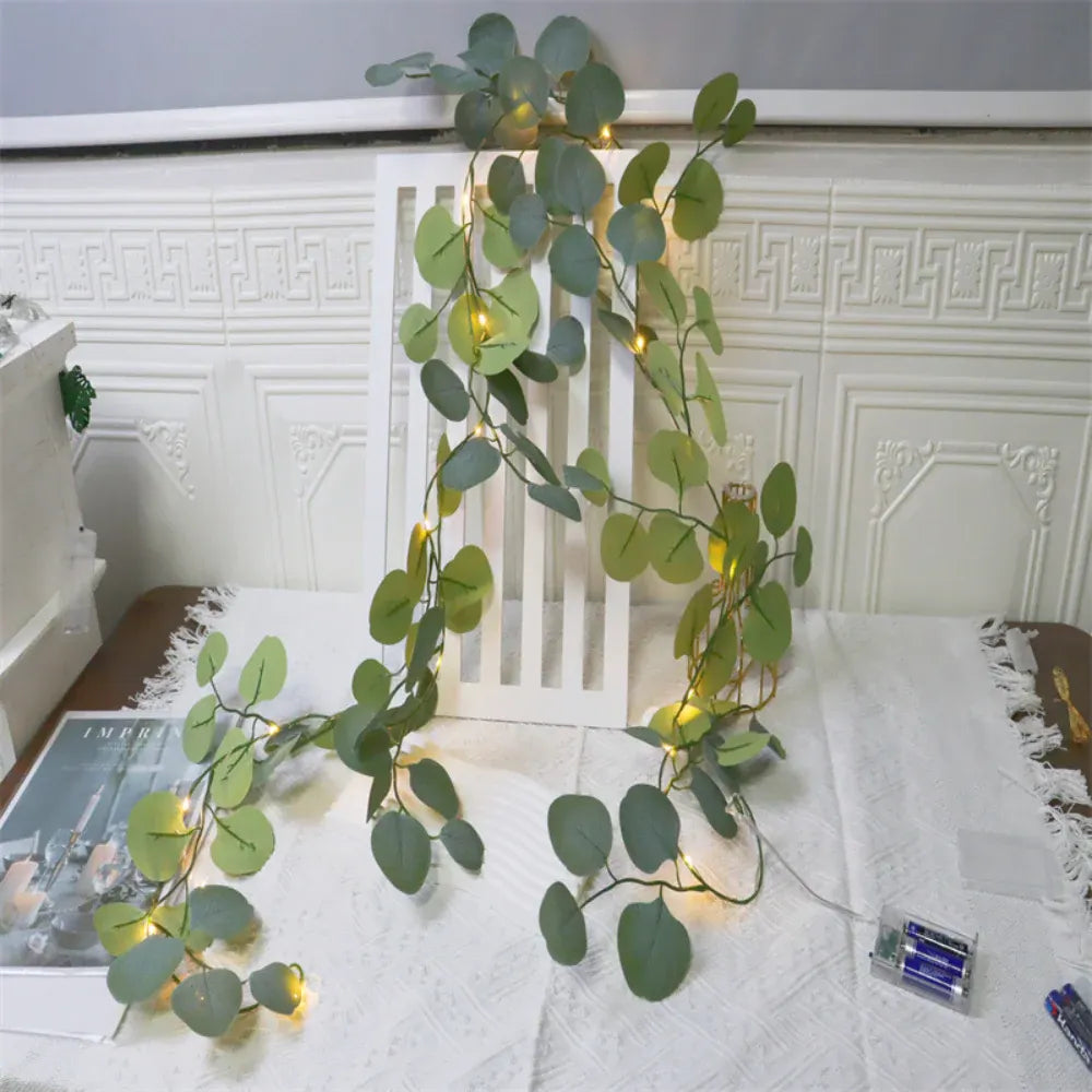 LED String Lights with Eucalyptus Rattan Garland for Mantel Decor Accent