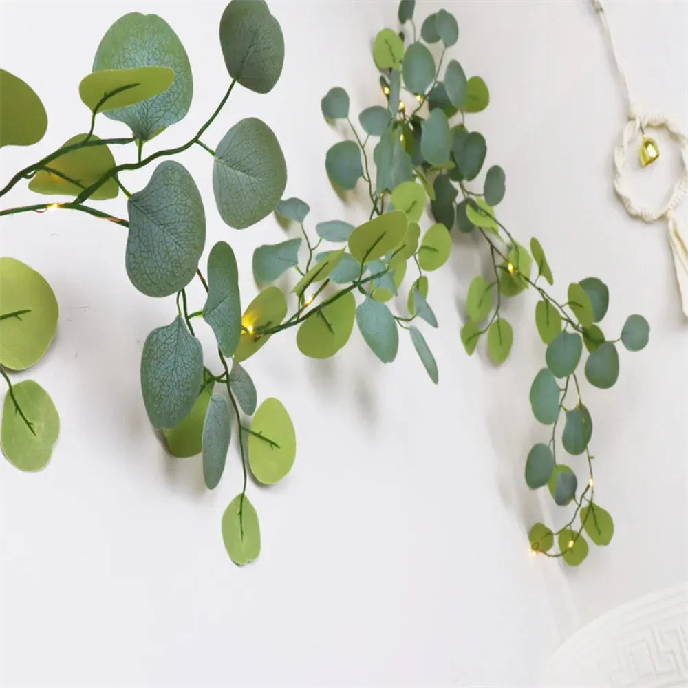 LED String Lights with Eucalyptus Rattan Garland for Mantel Decor Accent