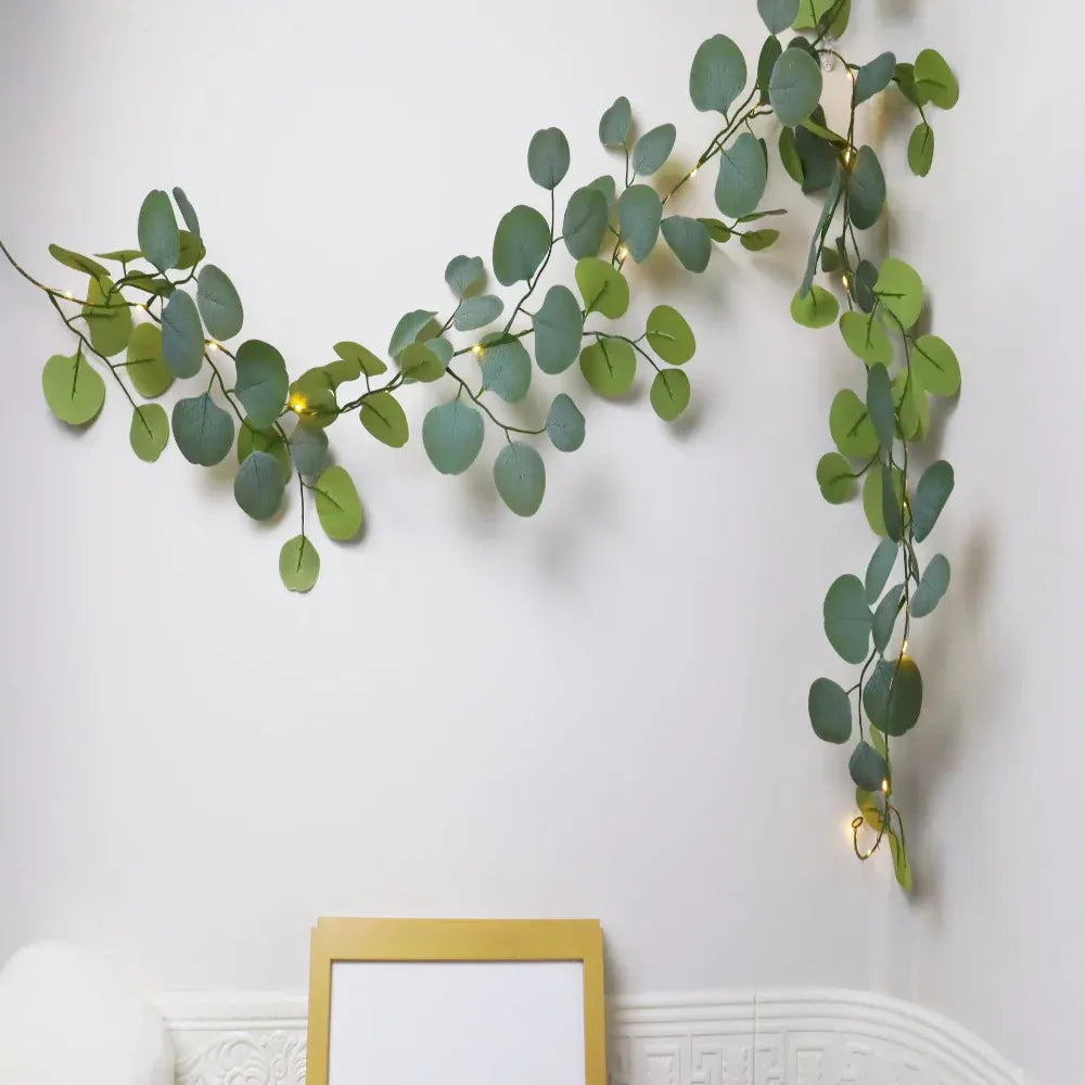 LED String Lights with Eucalyptus Rattan Garland for Mantel Decor Accent