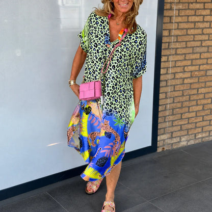 Leopard Print V-Neck Beach Dress for Women - Summer Style