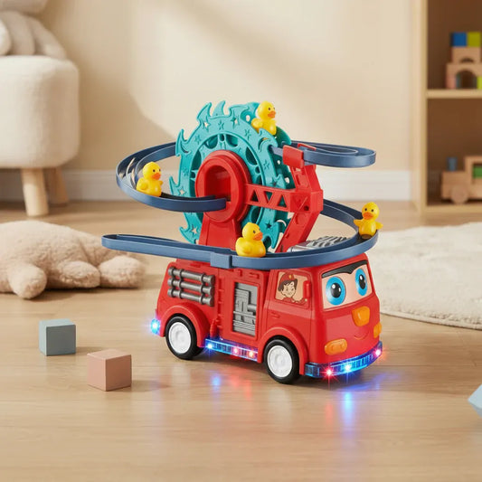 Light-Up Fire Truck Toy with Sound Effects and Duck Slide Track