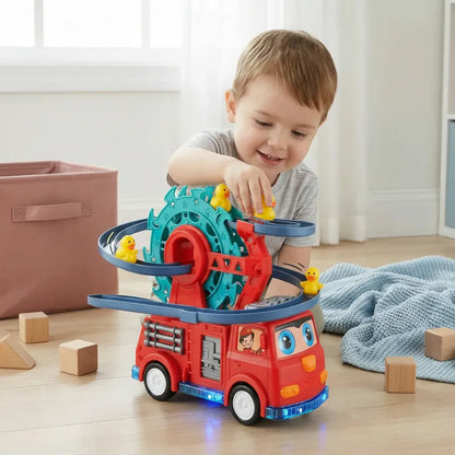 Light-Up Fire Truck Toy with Sound Effects and Duck Slide Track