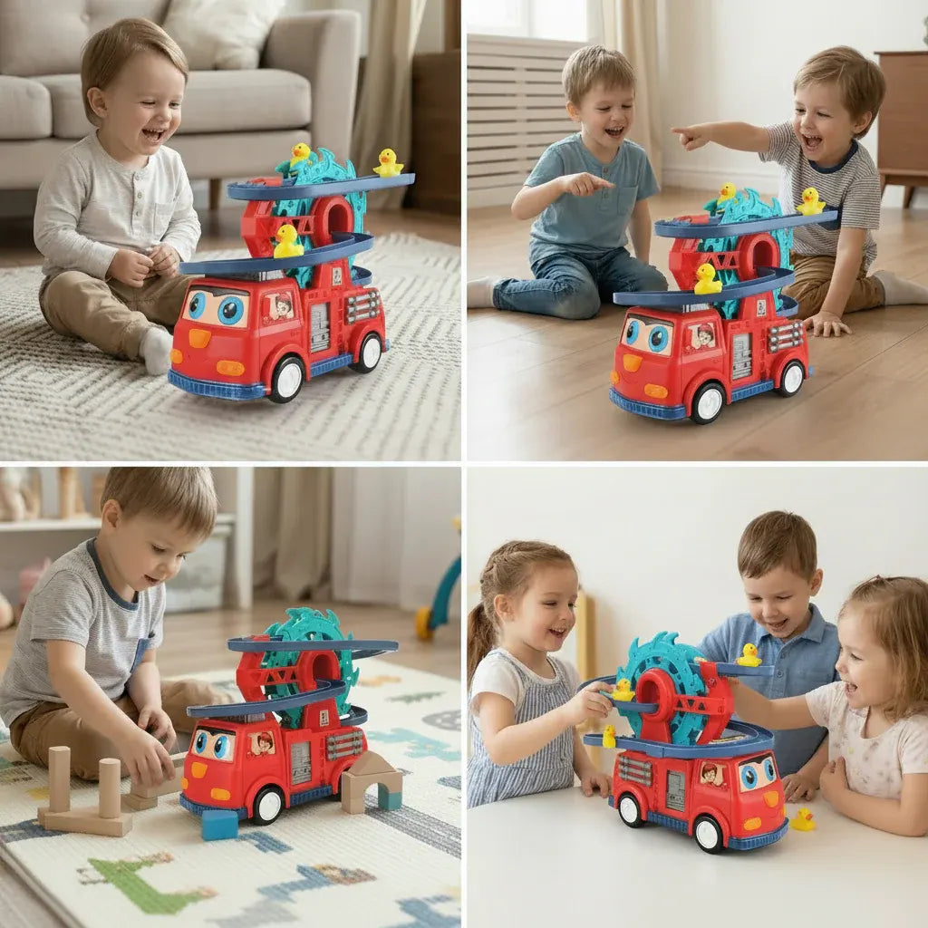 Light-Up Fire Truck Toy with Sound Effects and Duck Slide Track