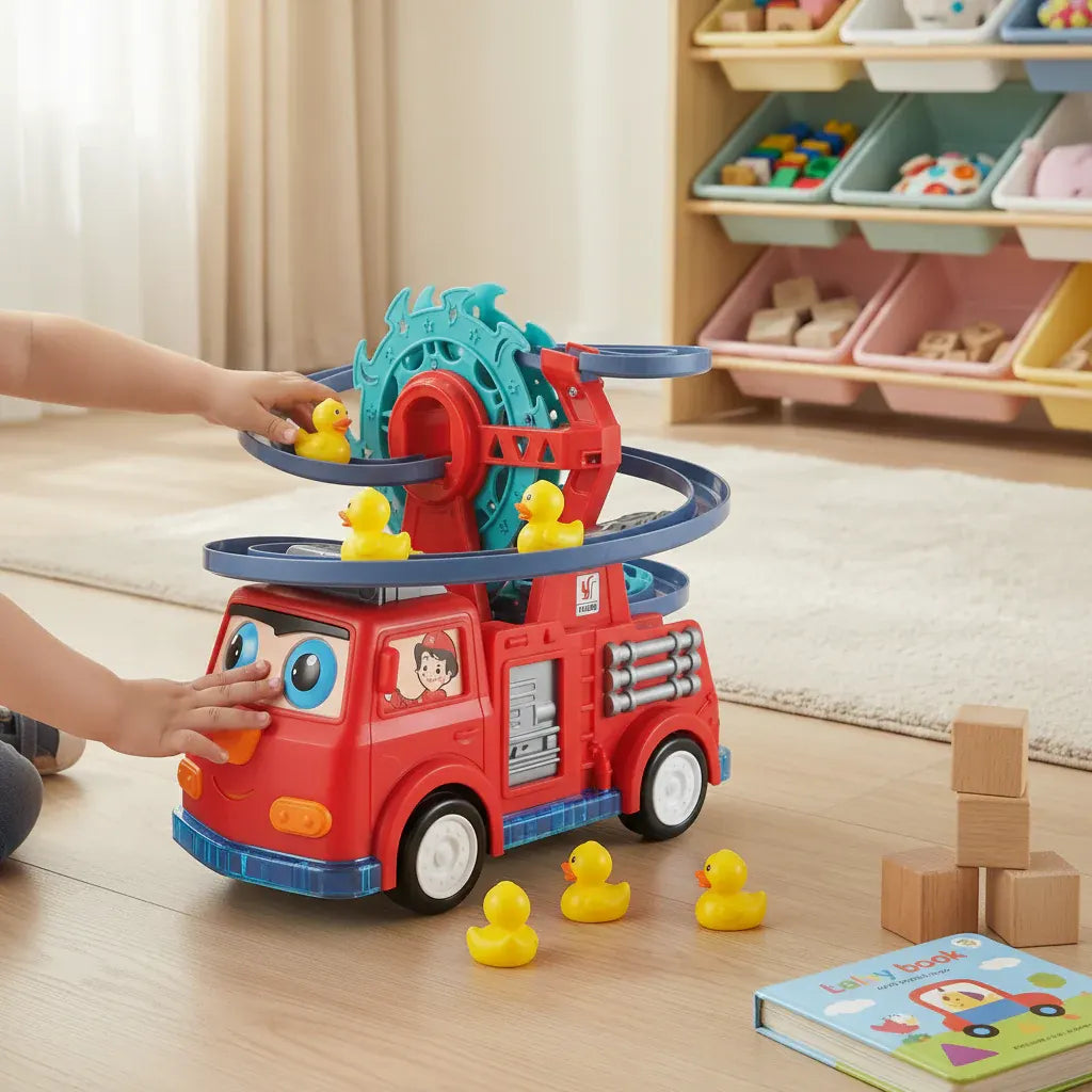 Light-Up Fire Truck Toy with Sound Effects and Duck Slide Track