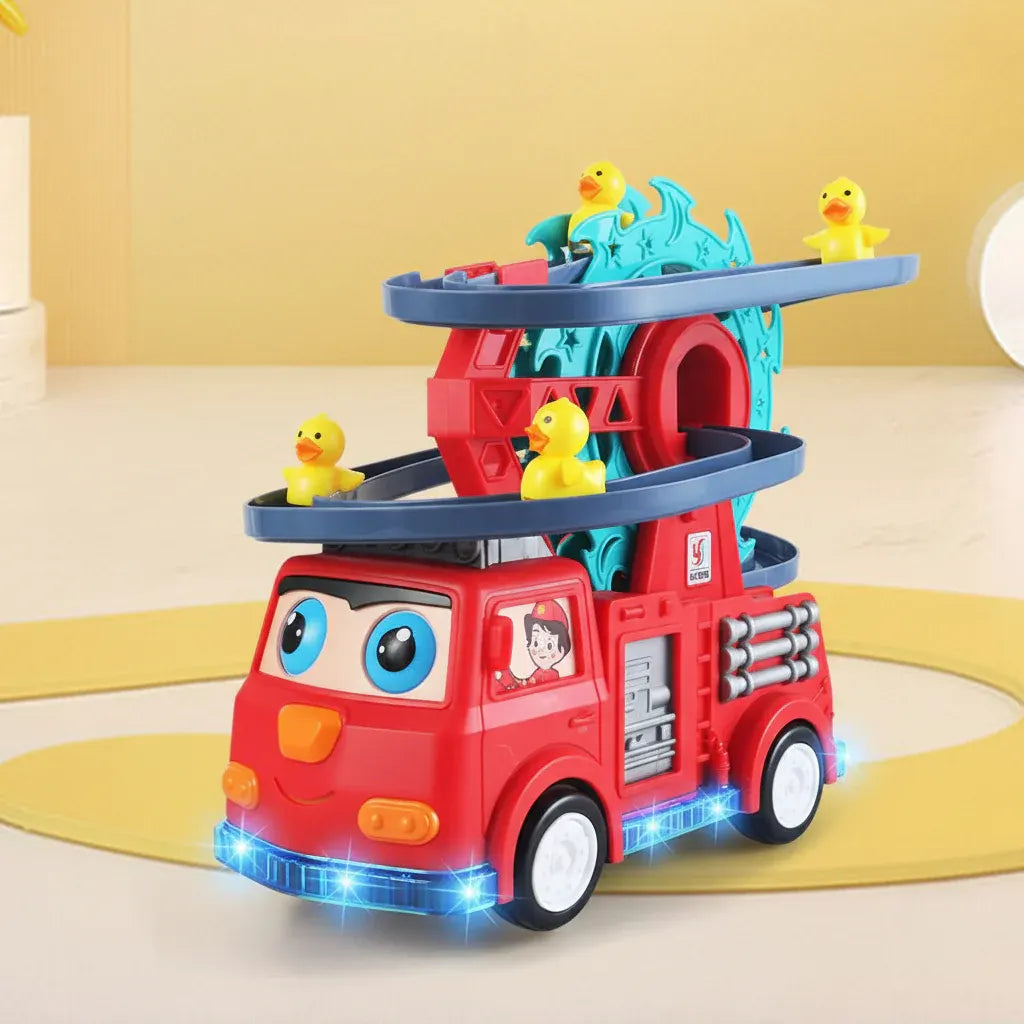 Light-Up Fire Truck Toy with Sound Effects and Duck Slide Track