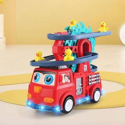 Light-Up Fire Truck Toy with Sound Effects and Duck Slide Track
