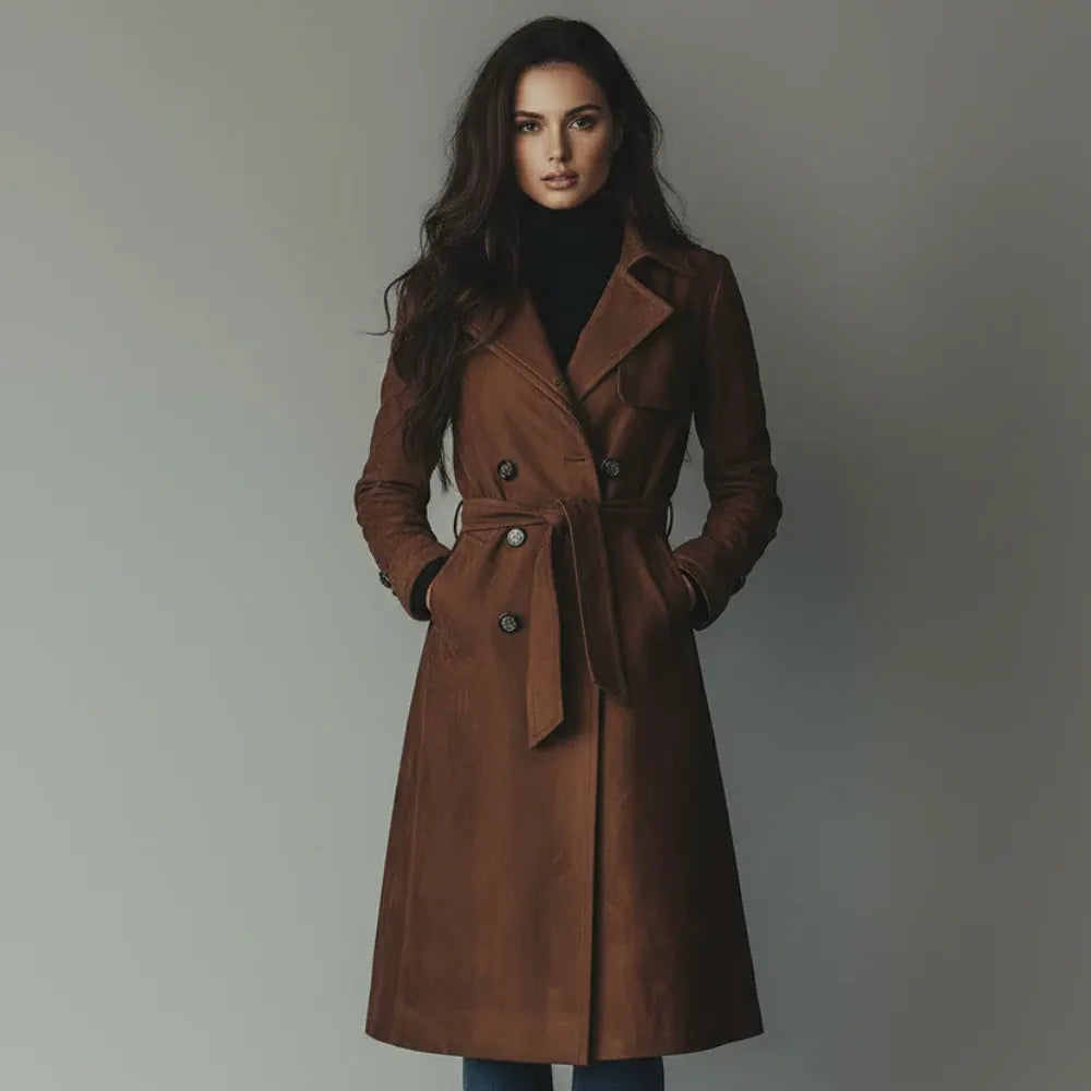 Long Suede Trench Coat for Women, Button-Front Fall Outerwear