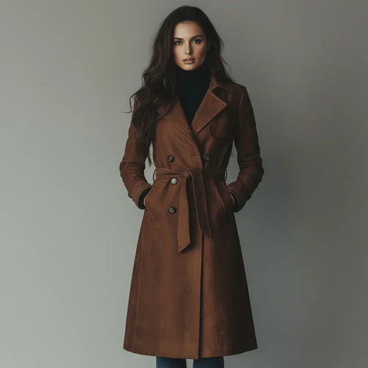 Long Suede Trench Coat for Women, Button-Front Fall Outerwear