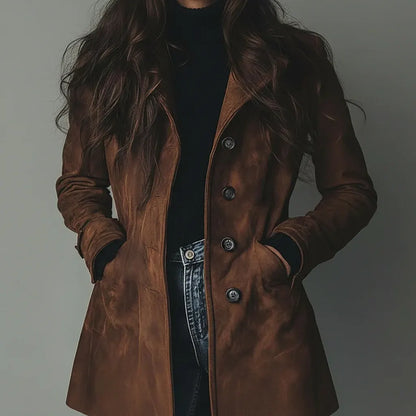 Long Suede Trench Coat for Women, Button-Front Fall Outerwear