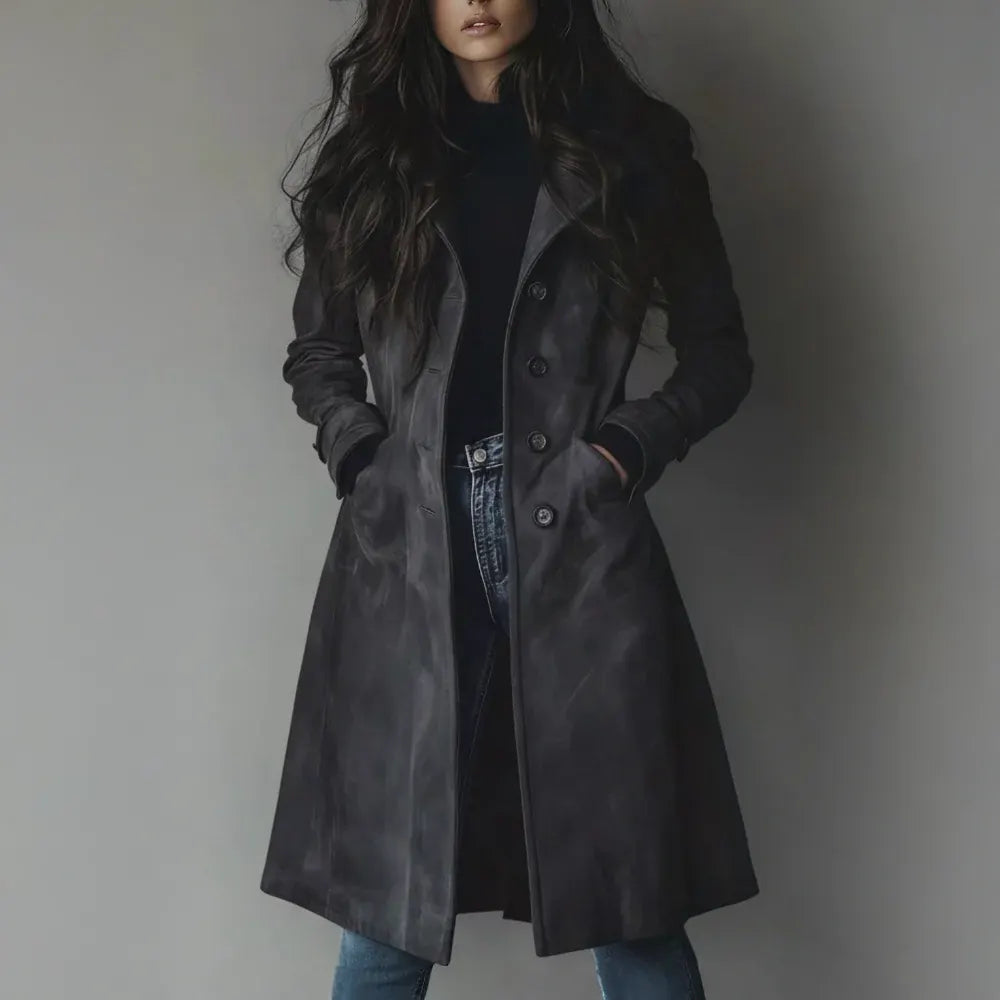 Long Suede Trench Coat for Women, Button-Front Fall Outerwear