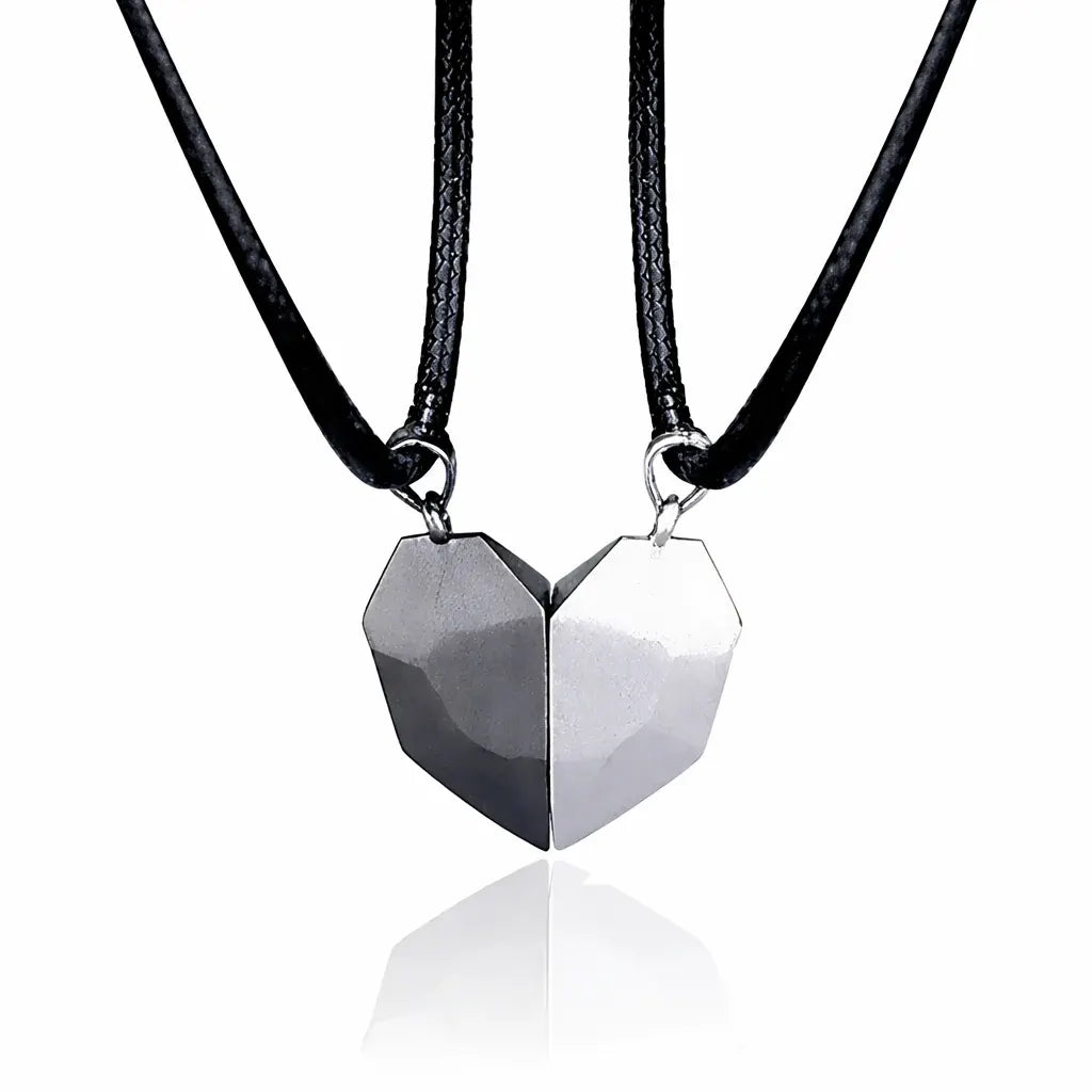 Matching Magnetic Heart Pendant Necklaces with Heartbeat Design for Couples